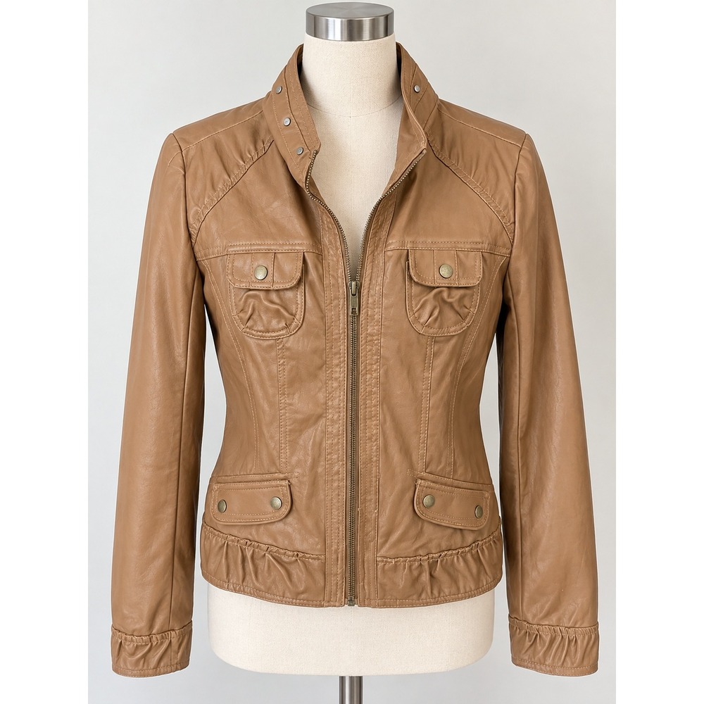 Intro Faux Leather Moto Utility Jacket Brown Tan Snap Pockets Size M Y2K